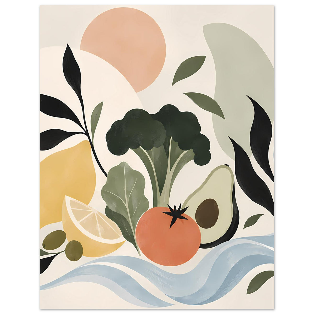 Poster mit botanischem Motiv: schwarze Blätter, grüner Bulb und orangefarbene Tomate