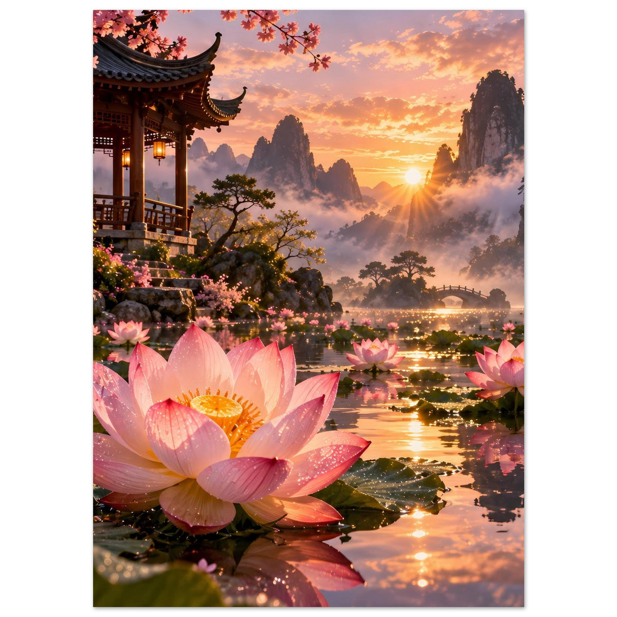 Poster im Hochformat mit großen rosa Lotusblüten, Flusslandschaft und Pagode links