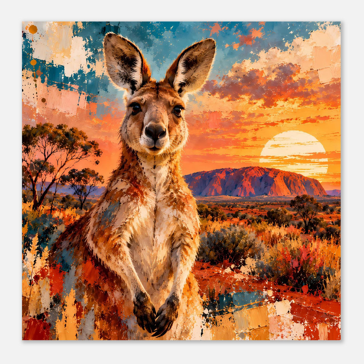 Vertikales Poster mit Känguru-Porträt vor Abendhimmel mit Sonne