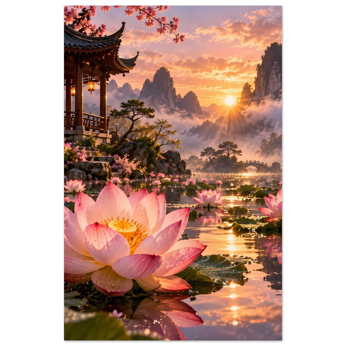 Poster mit pinken Lotusblüten und Pagode, Hintergrund mit Sonnenuntergang und Bergen