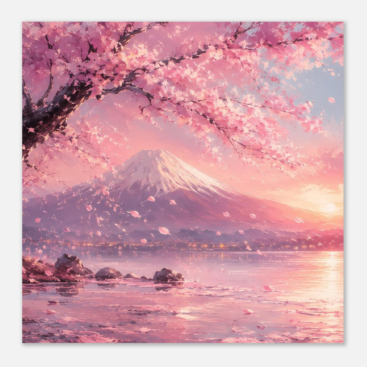 Quadratisches Poster: Fuji-Berg unter Kirschblütenzweigen, rosafarbenes Abendlicht am See