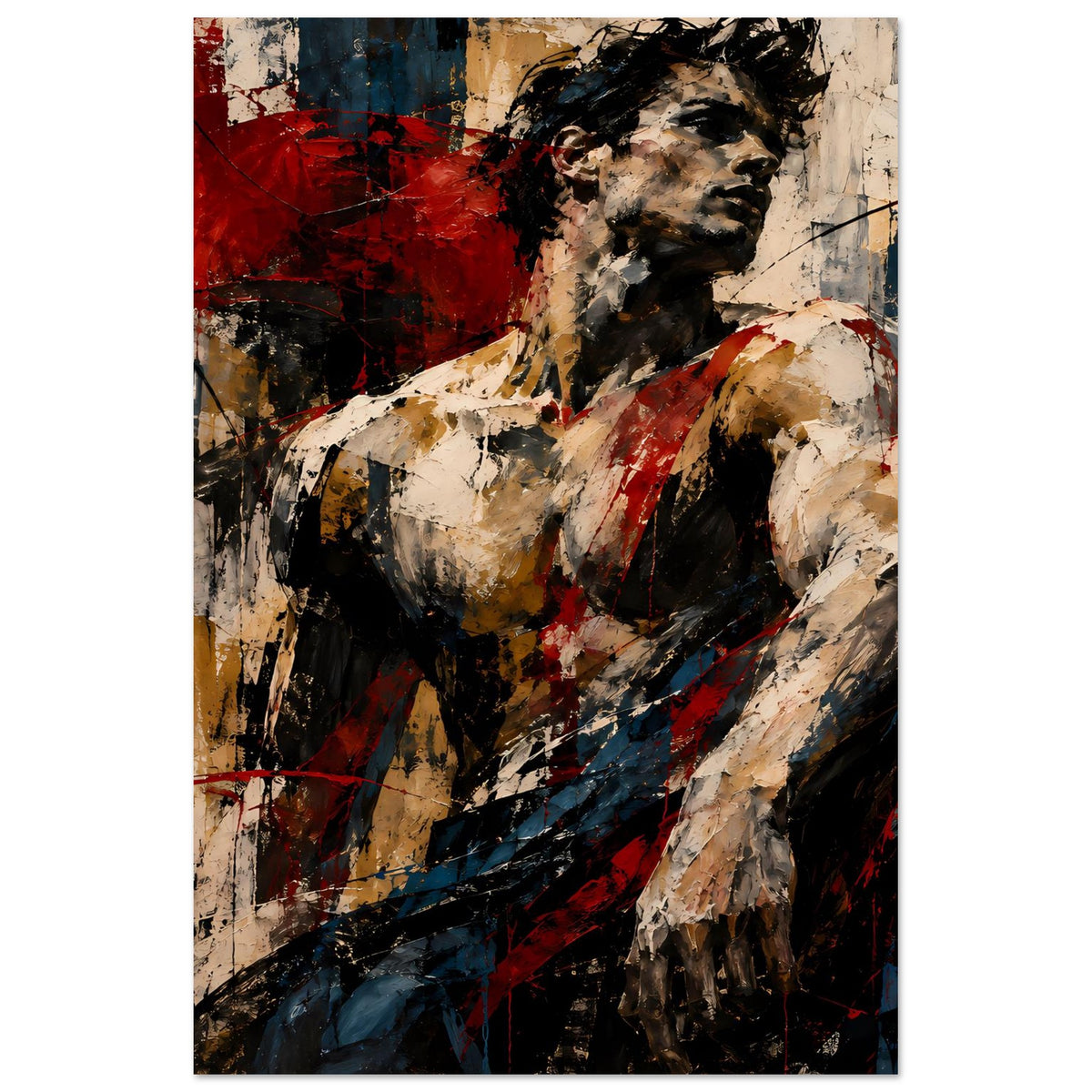 Abstraktes Kunstposter (hochformat) mit muskulösem Motiv, Rot, Blau, Schwarz und Beige