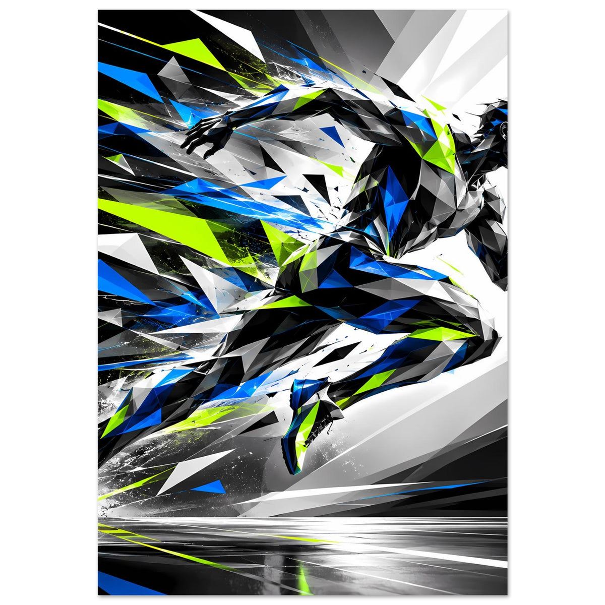 Laufkunst-Poster mit Läufer-Silhouette aus spitzen Formen, Blau/Schwarz/Neon-Grün