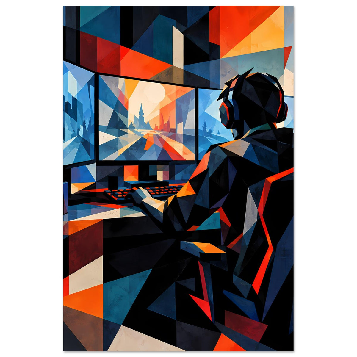Gaming-Poster im Hochformat: Gamer mit Headset vor geometrischem Blau-Orange-Design