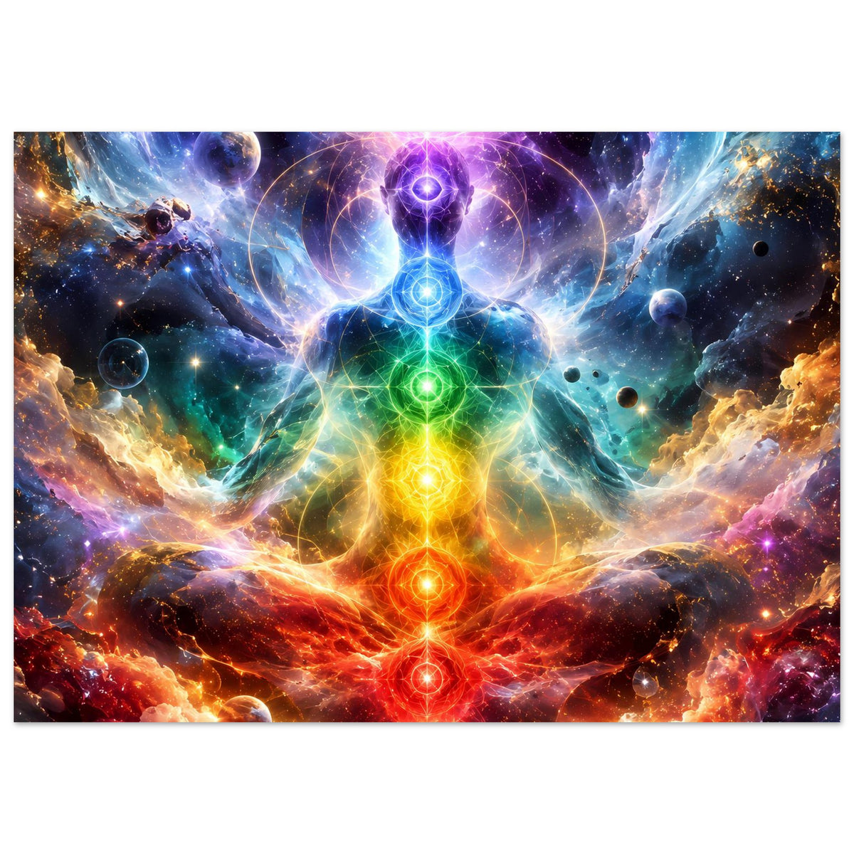 Meditationsposter mit farbigem Chakra-Mandala, leuchtender Mittelfigur und glühenden Energiebahnen