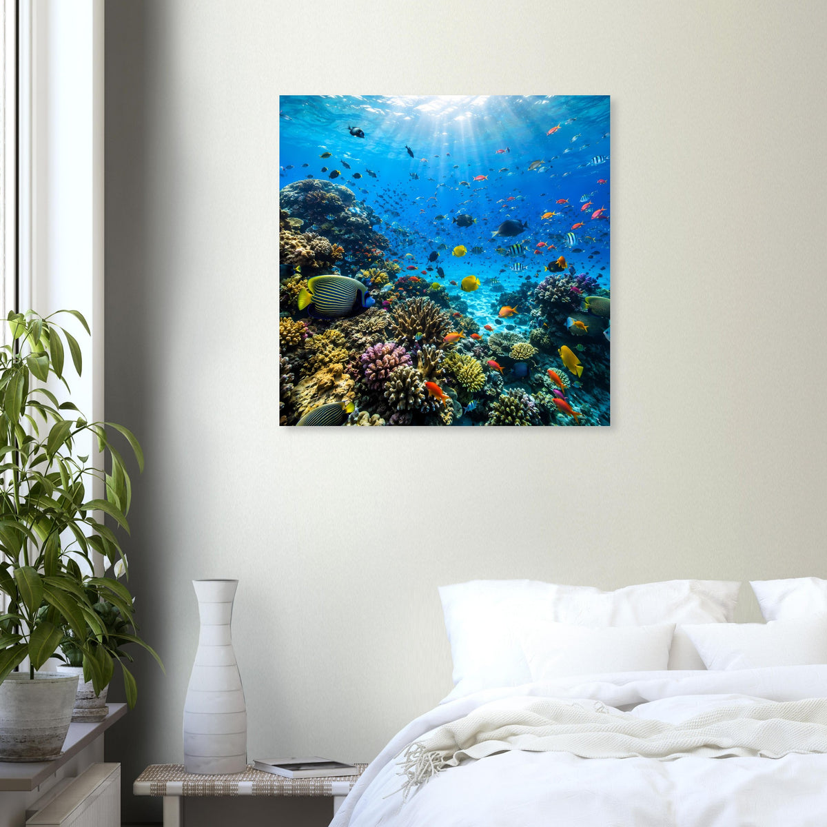 Quadratisches, schwarz gerahmtes Poster mit Korallenriff und Schwarm bunter Fische im türkisblauen Wasser
