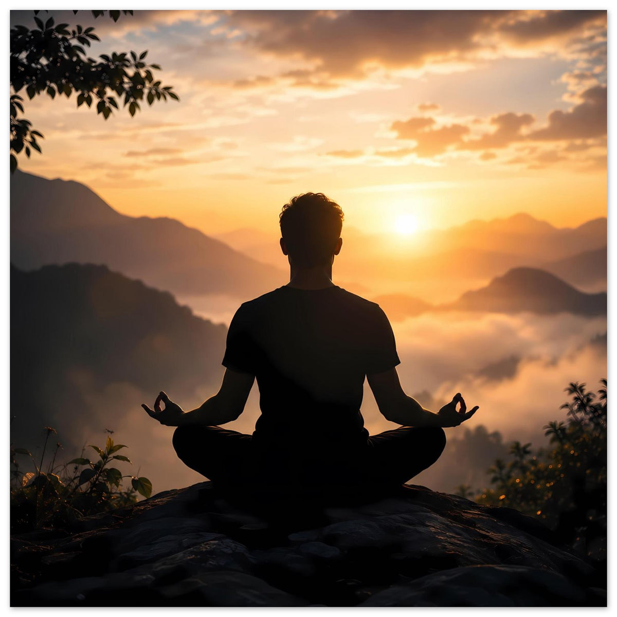 Poster mit meditativer Silhouette auf Felsvorsprung, Sonnenuntergang hinter Bergen