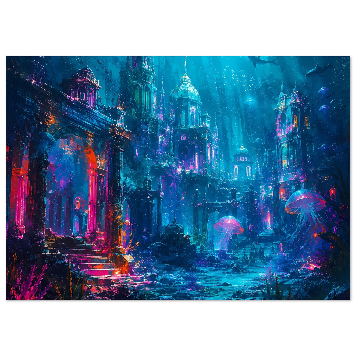 Fantasy-Unterwasserposter, querformat: versunkene Stadt mit mehreren leuchtenden Quallen