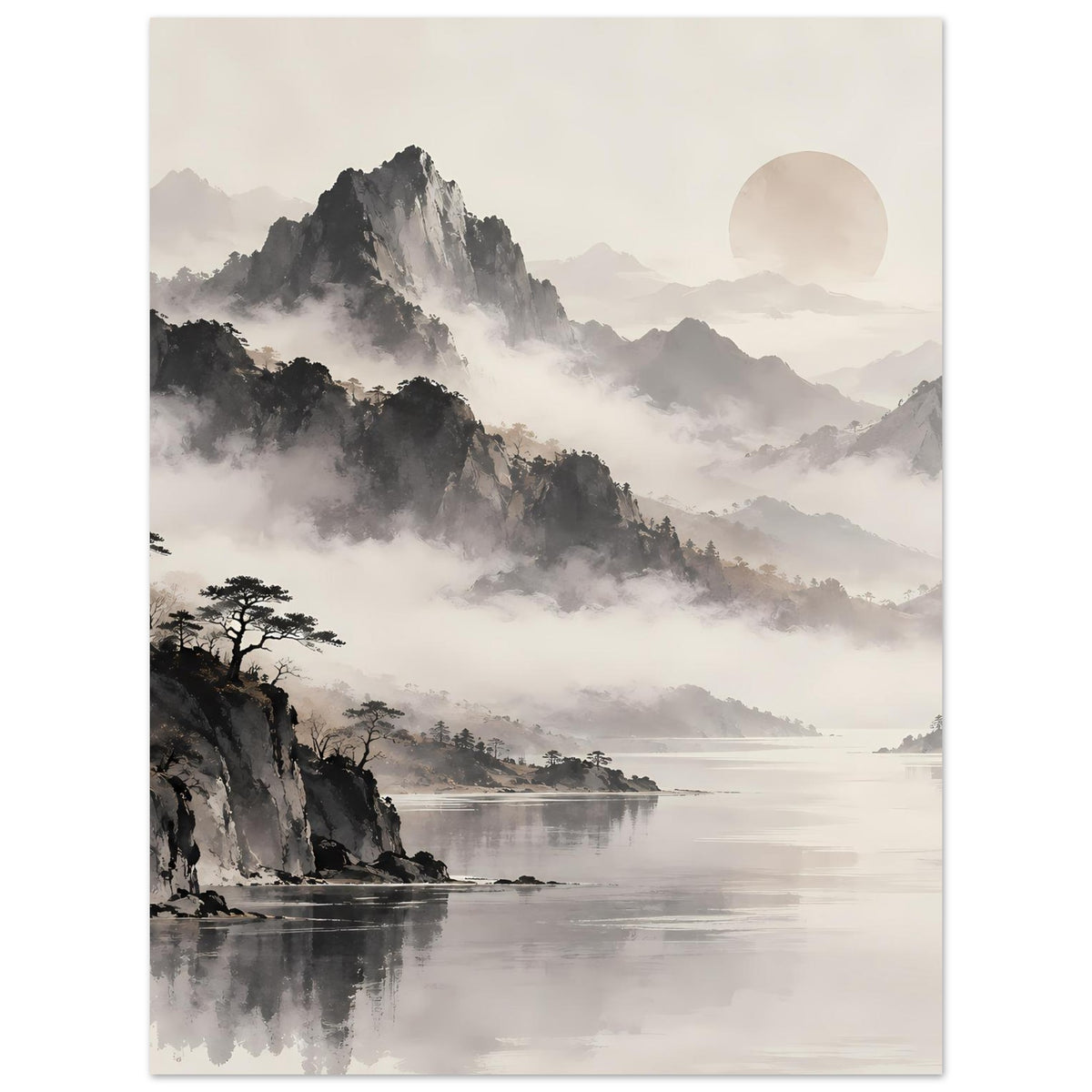 Poster: nebelige Berge über Wasser, links Felsklippen mit Bäumen, heller Sonnenkreis