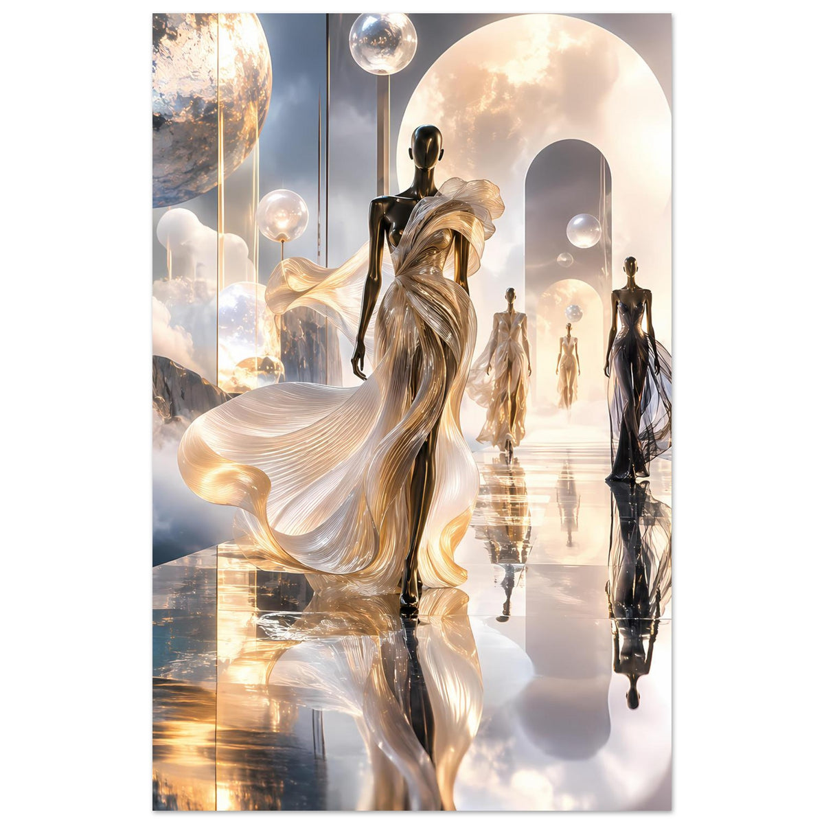 Ethereales Mode-Poster: goldene Hauptfigur mit wehender Stoffbahn und weiteren Figuren