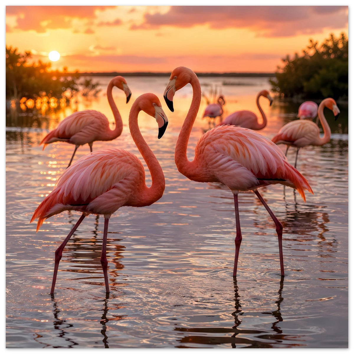 Poster mit Flamingos im Sonnenuntergang am Wasser, rosa Vögel mit Spiegelbild