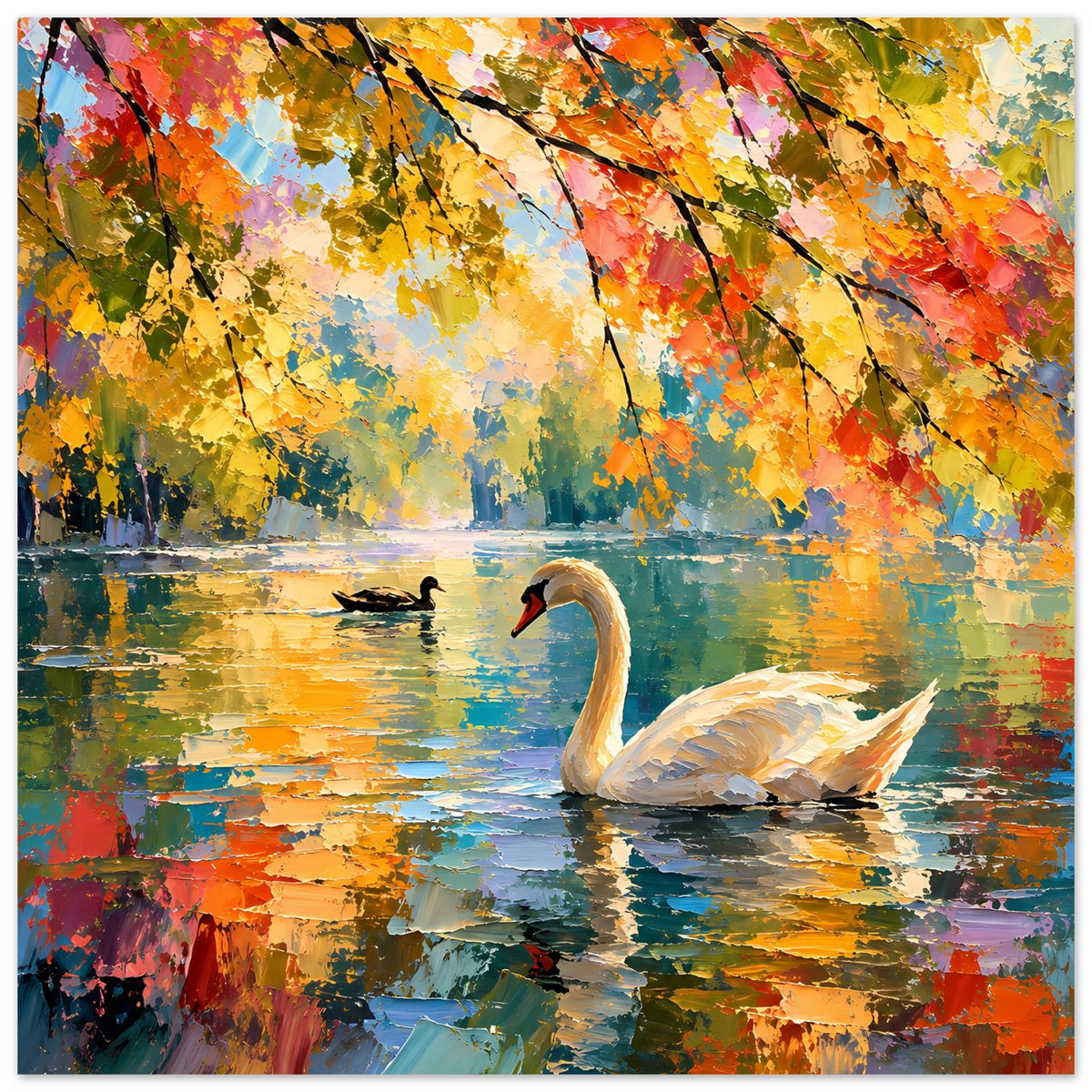 Hochformat-Poster: Schwan im Vordergrund, kleiner Vogel im Hintergrund, Herbstfarben an Ästen