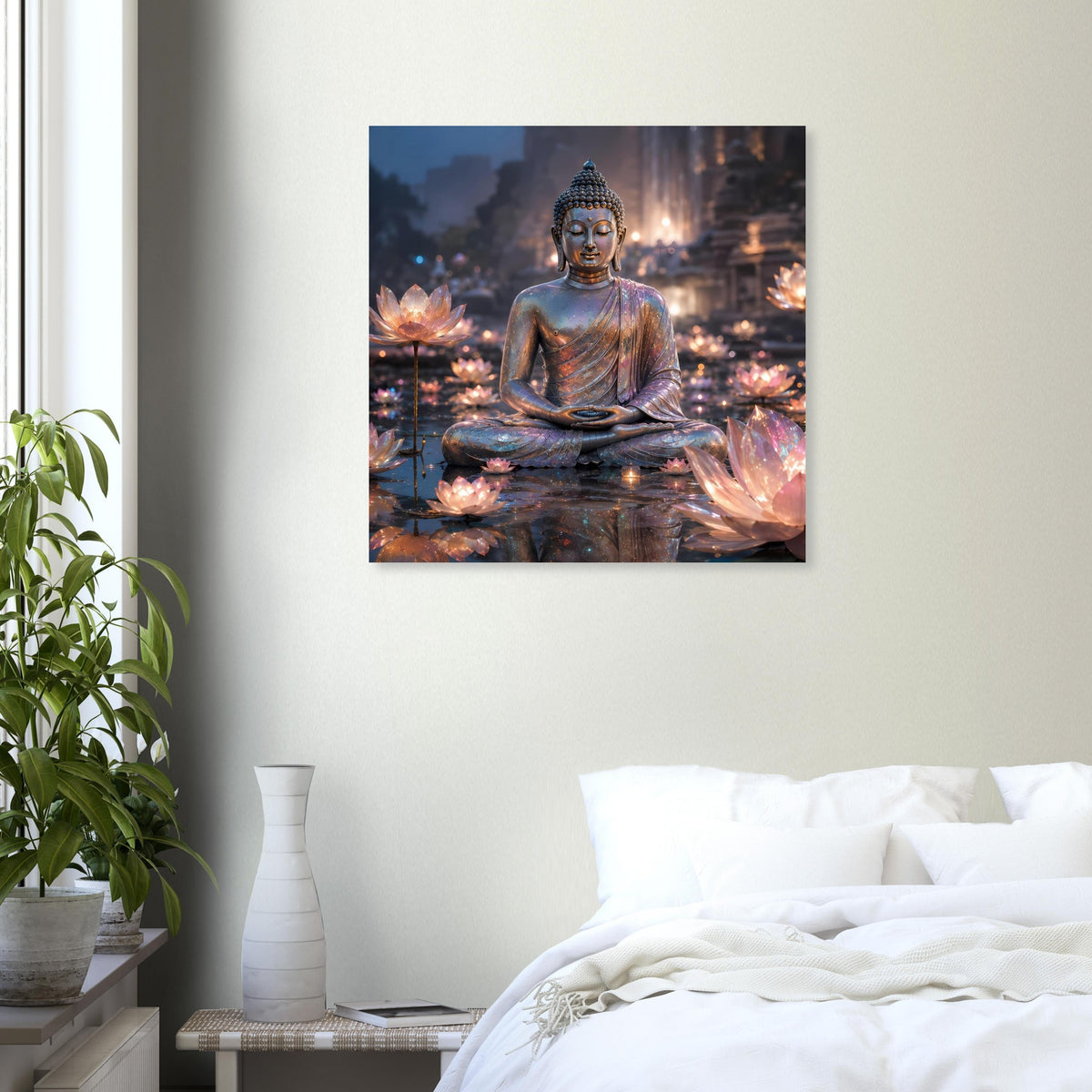 Quadratisches Meditationsposter mit sitzendem Buddha und leuchtenden Lotuslichtern