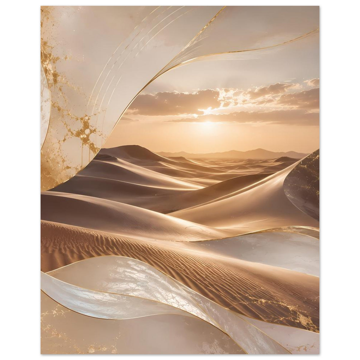 Gerahmtes Poster im Hochformat mit goldenen Akzenten und weichen Sanddünen