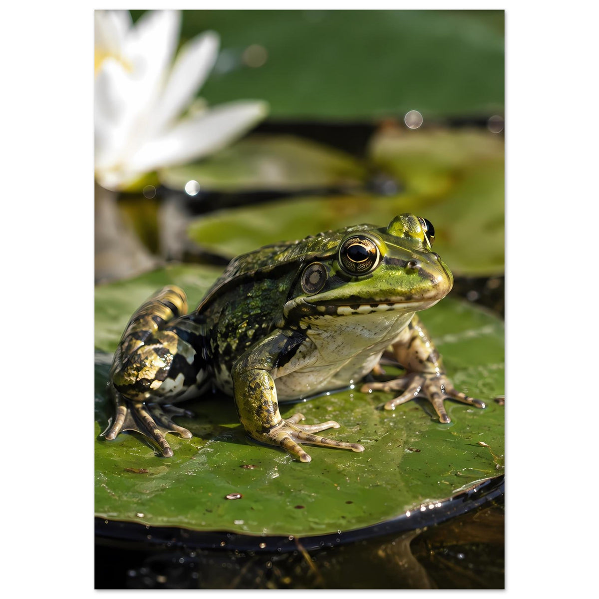 Poster im Hochformat: Frosch auf Seerosenblatt mit Blick nach rechts, im Wasser.