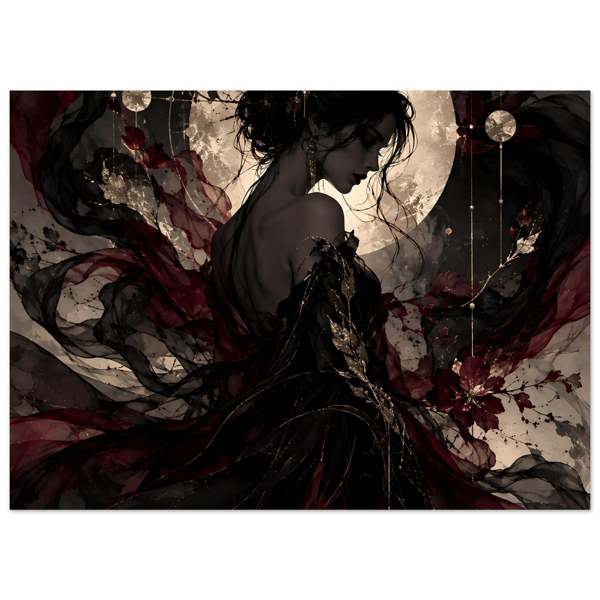 Poster mit Frauensilhouette, wehender schwarzer Schleier, Mond, rote Farbverläufe und Kreise