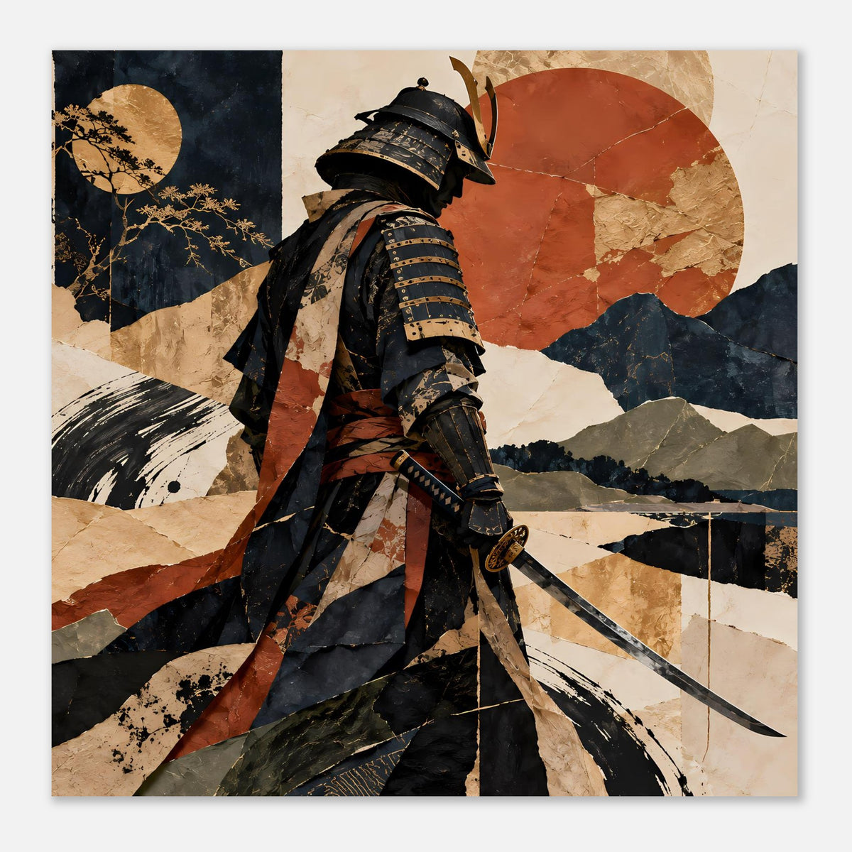 Quadratisches Samurai-Silhouette-Poster mit Schwert und Helm in Blau-, Rot- und Beigrafik