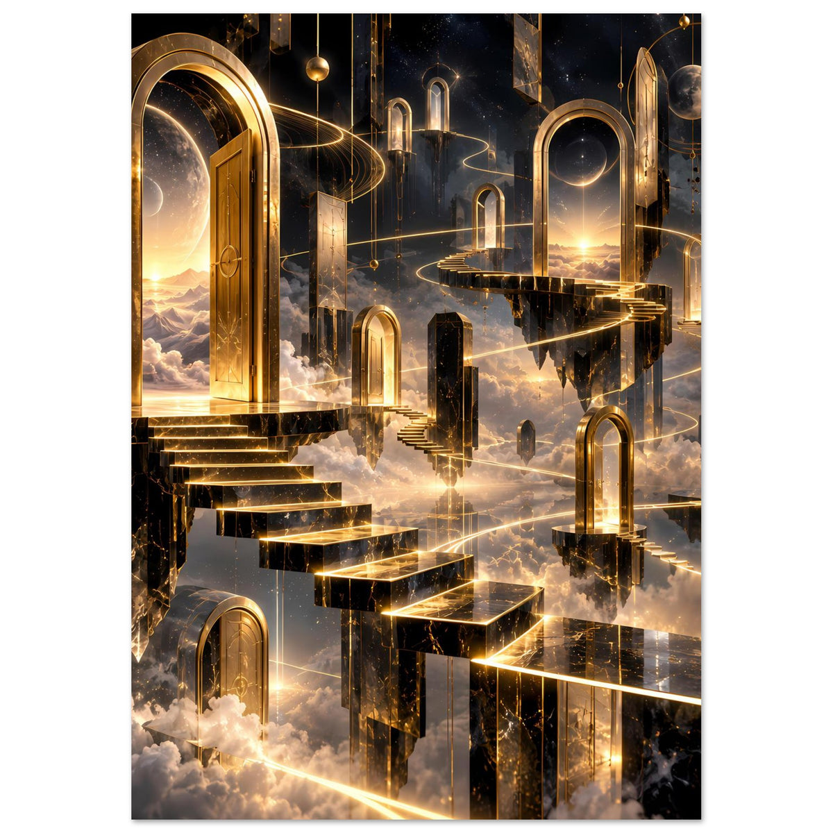 Premium-Poster mit goldenen Rundbögen, schimmernden Stufen und leuchtendem Lichtpfad