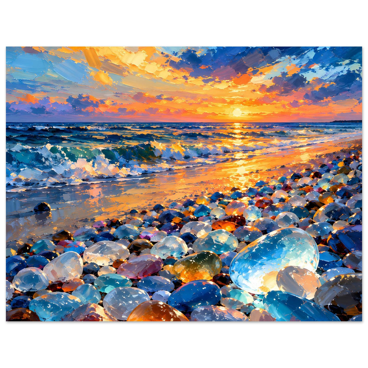 Meerstrand-Poster mit intensivem Sonnenuntergang und vielen reflektierenden Glassteinen