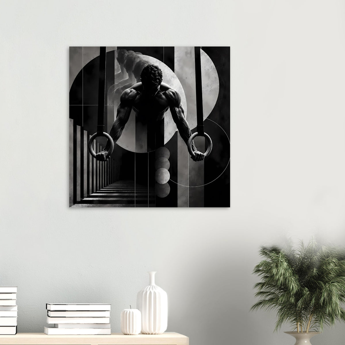Gymnastik-Poster: Turner mit Ringen, Schwarzweißkomposition mit geometrischen Linien.
