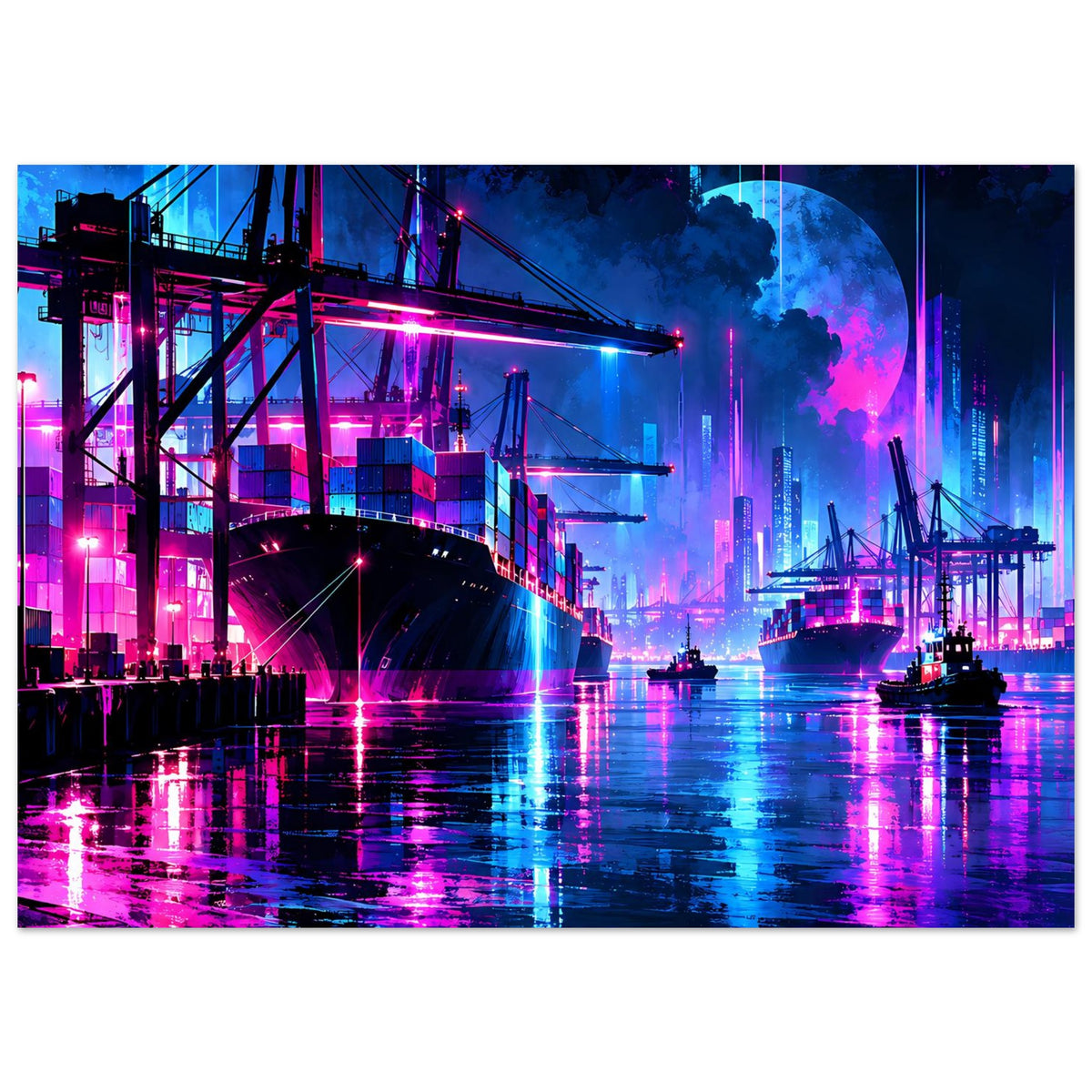 Neon-Hafen Poster mit Containerbrücke, Schiffsanlagen und magenta-blauen Lichtreflexen