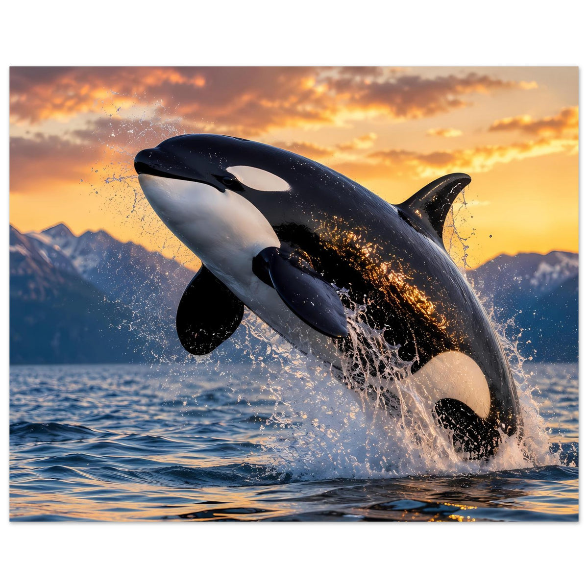 Poster: Orca springt über die Wasseroberfläche, dunkler Körper, Sprühwasser