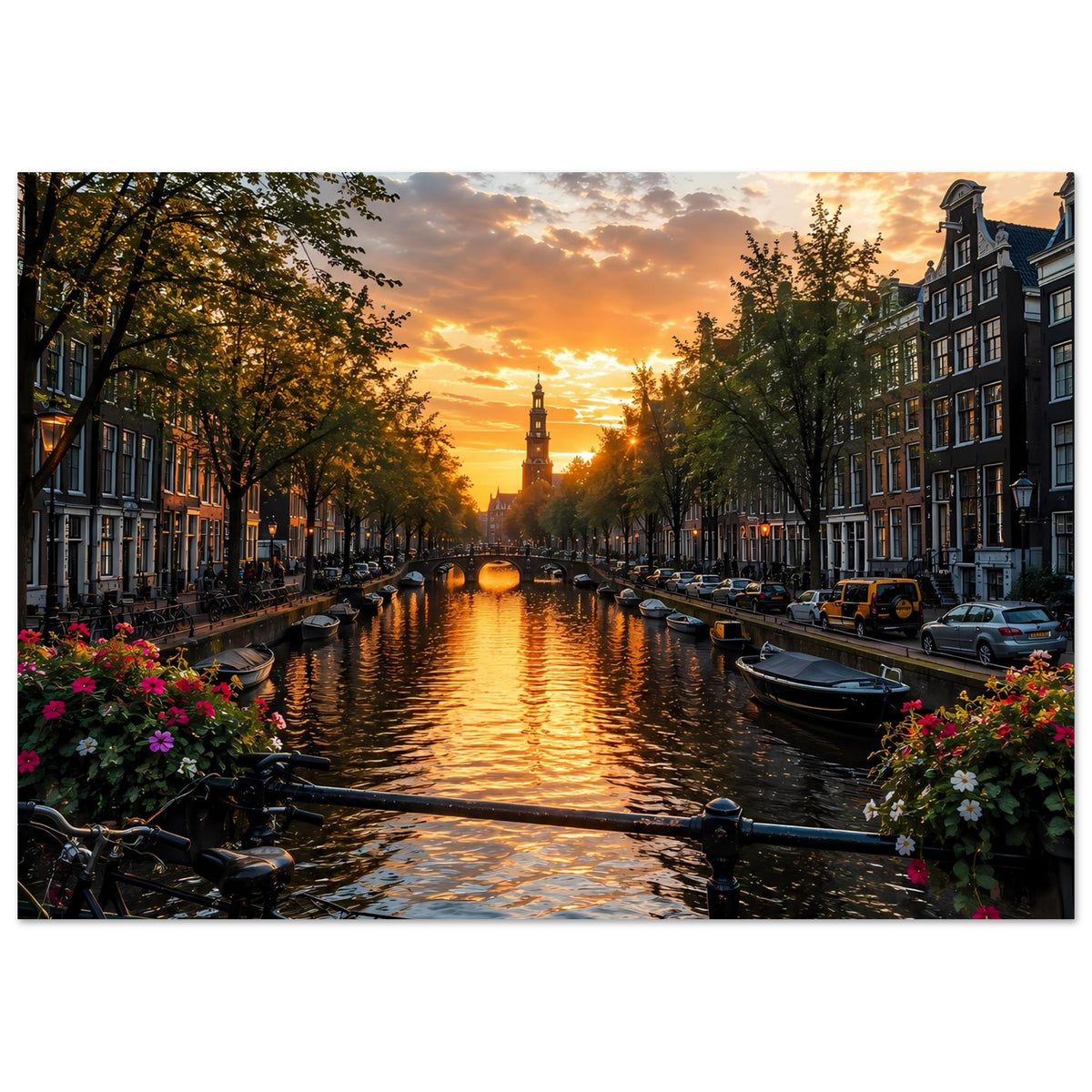 Horizontales Poster mit Blick auf den Amsterdamer Kanal bei Sonnenuntergang, Wasser im Licht