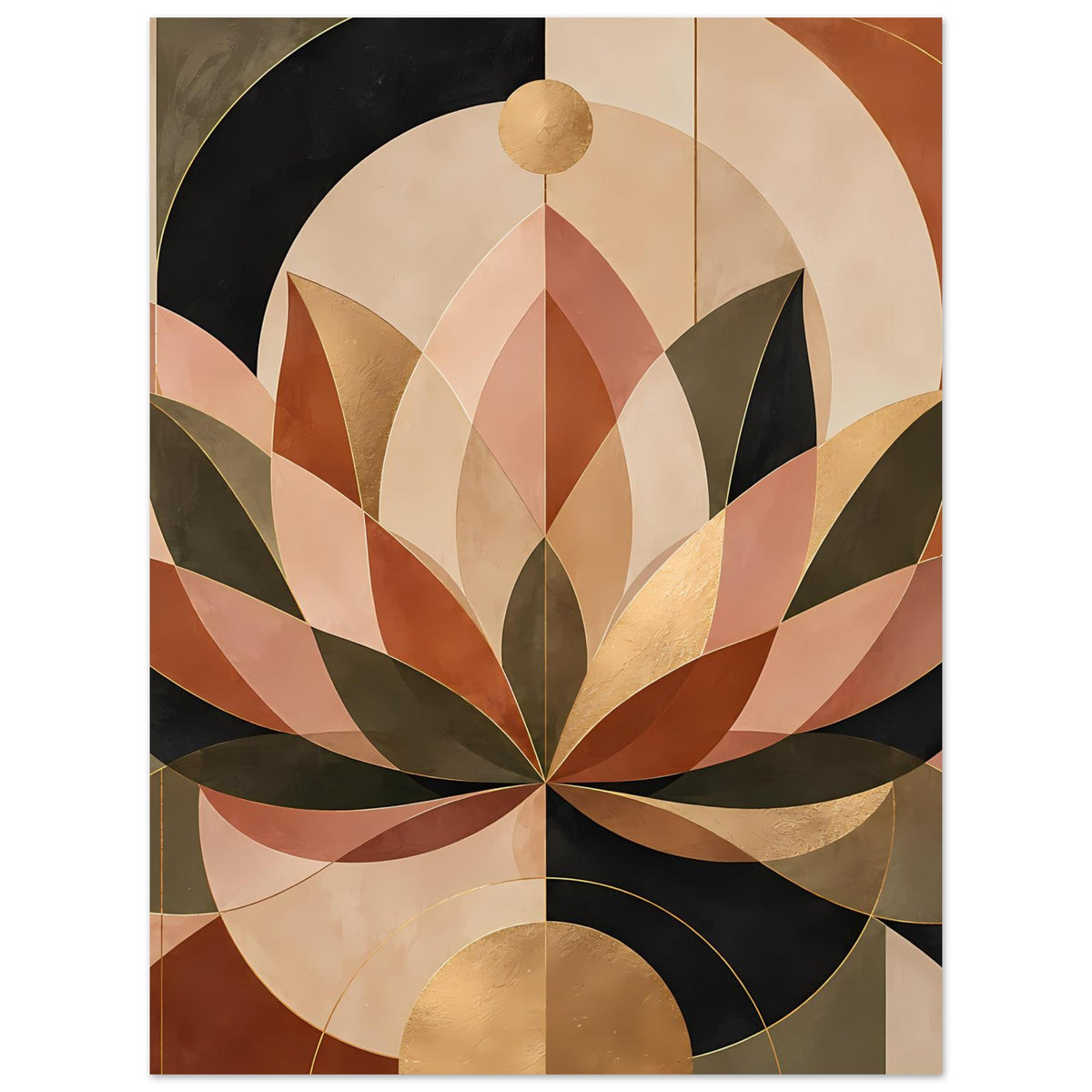 Vertikales Geometrie-Poster: stilisierte Lotusblüte, Creme-, Braun-, Schwarz- und Goldtöne