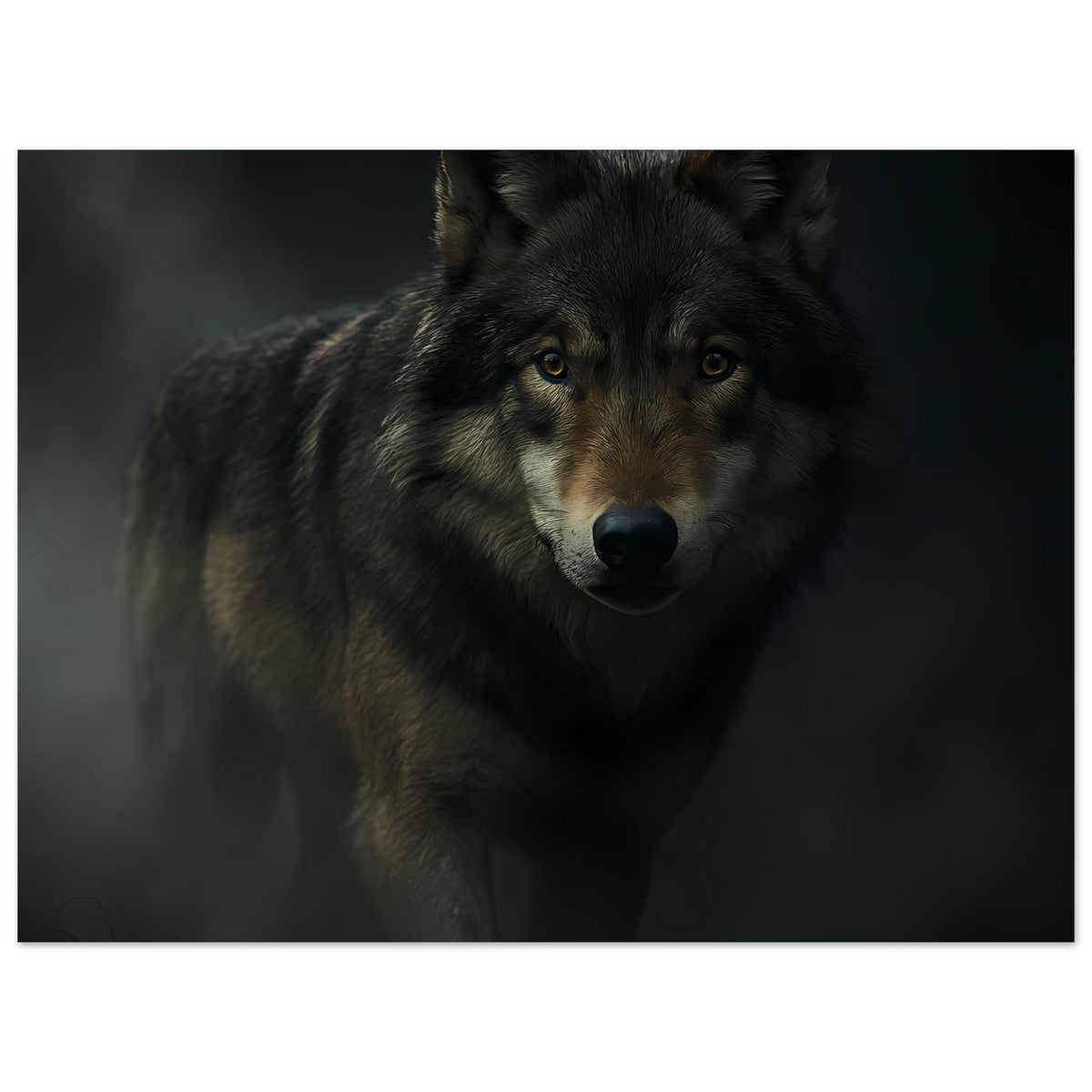 Poster mit Wolfsportrait: grauer Wolf, Kopf nah, ruhiger Blick nach vorn