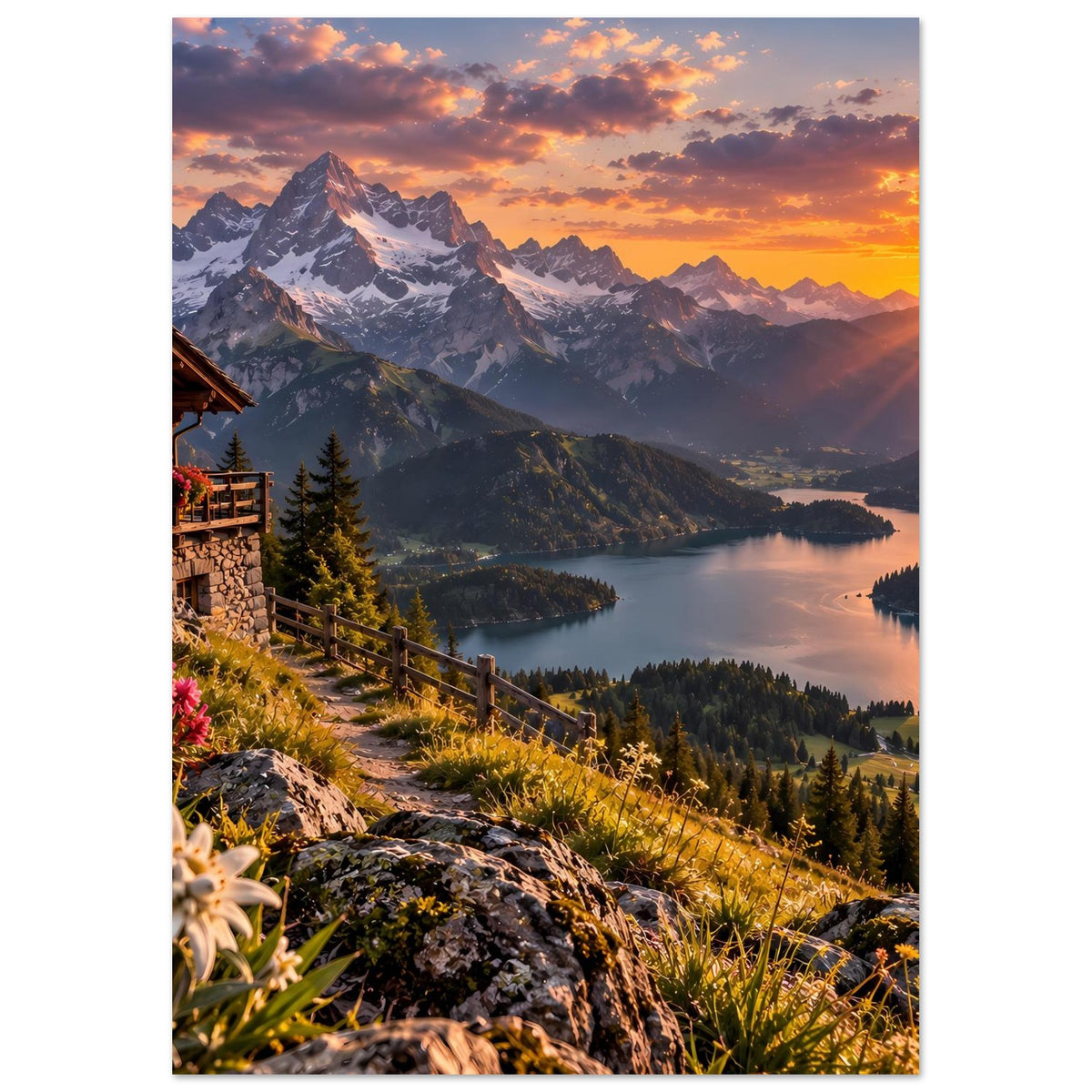 Vertikales Landschaftsposter mit Alpenblick bei Sonnenuntergang, Haus am Hang und See.