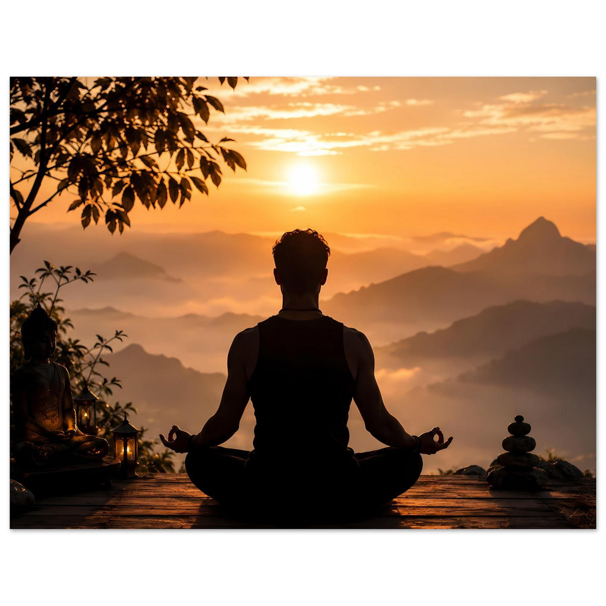 Horizontales Meditationsposter: meditierende Silhouette im Schneidersitz bei Sonnenaufgang