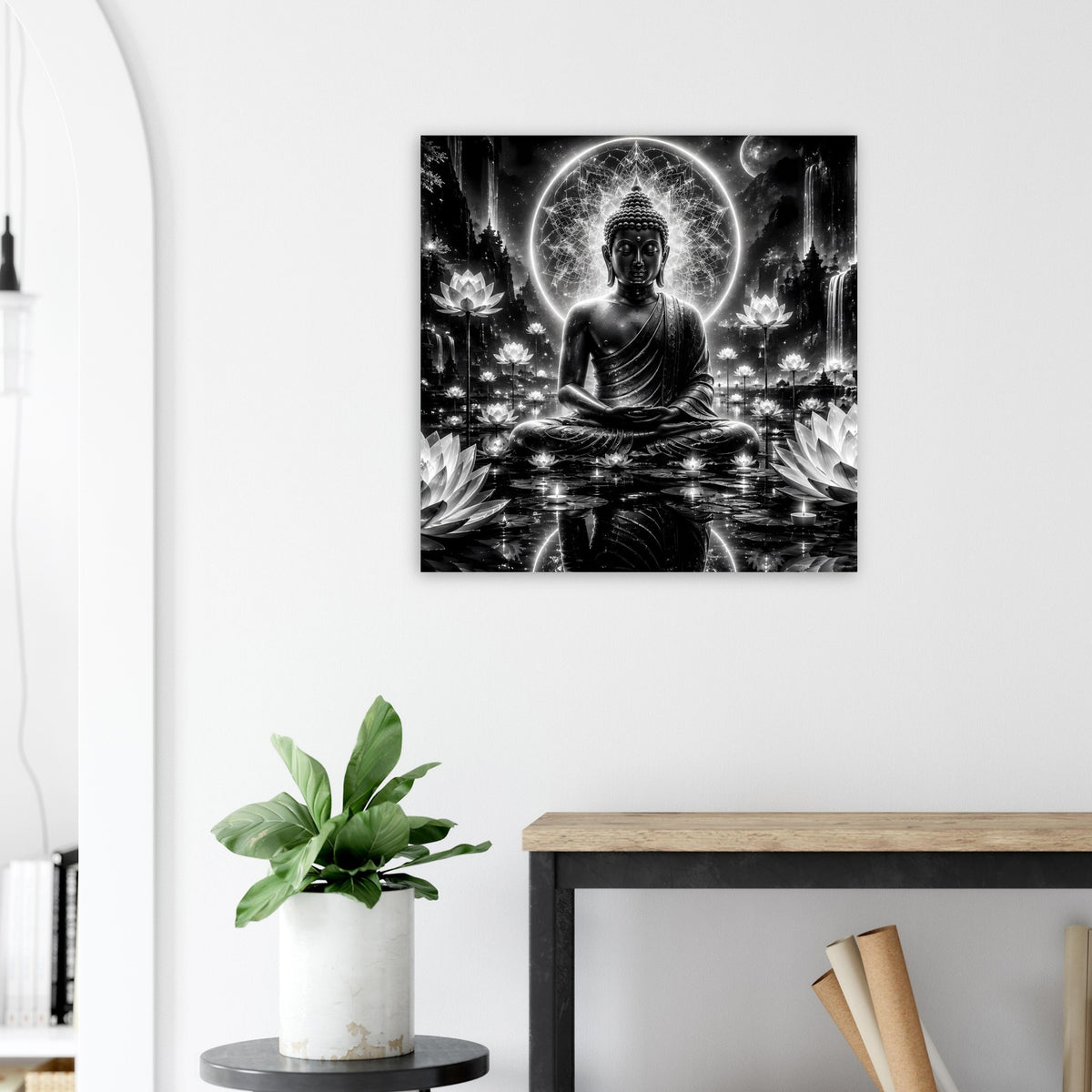 Buddha-Poster Schwarzweiß mit leuchtendem Kreis-Halo und sitzendem Buddha