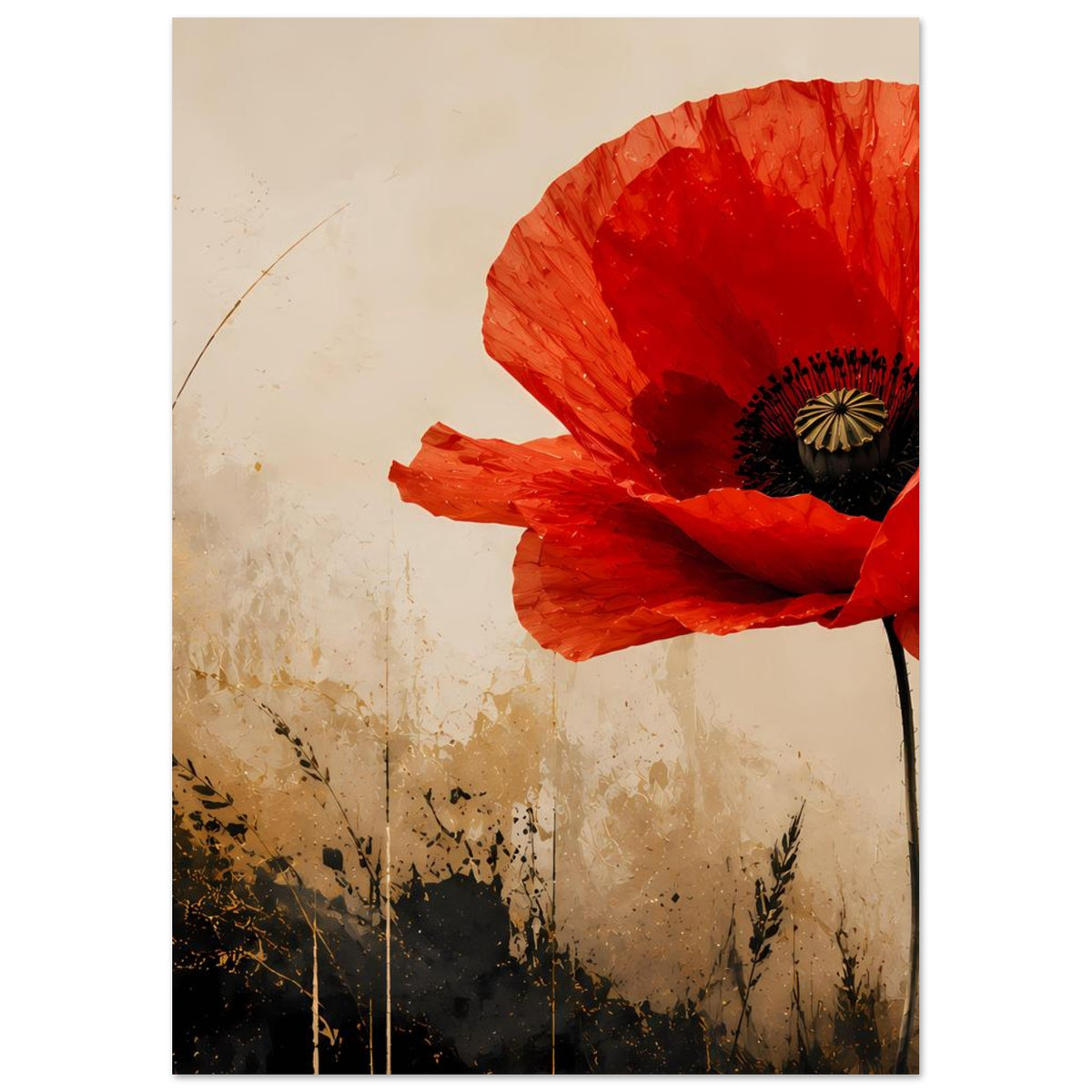 Poster mit roter Mohnblume und dunklem Blütenzentrum, Stiel am Bildrand.
