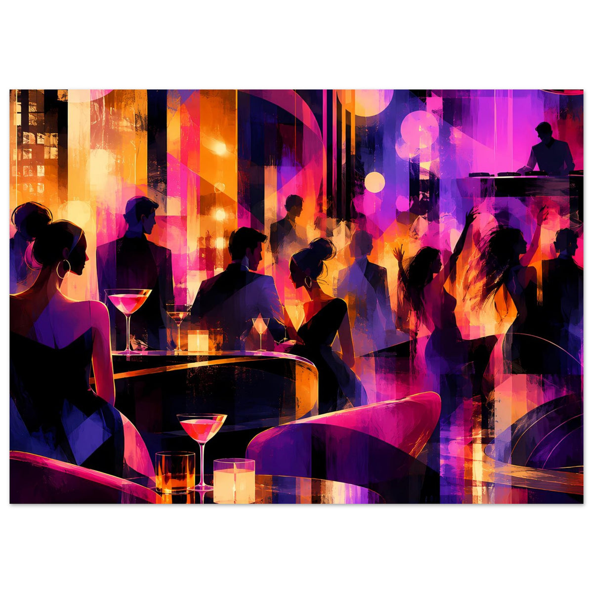 Querformat-Poster mit Party-Nachtclub: Menschen an Bar, Cocktailgläser, Kerzen und Neonfarben