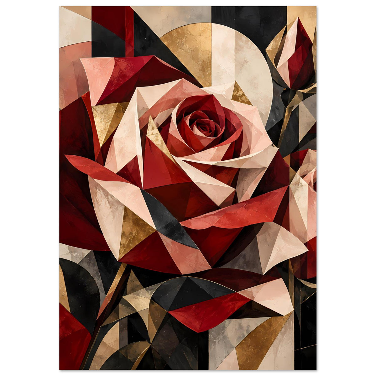 Blumenposter geometrische Rose in Rot und Gold, weiße und schwarze Dreiecksstrukturen
