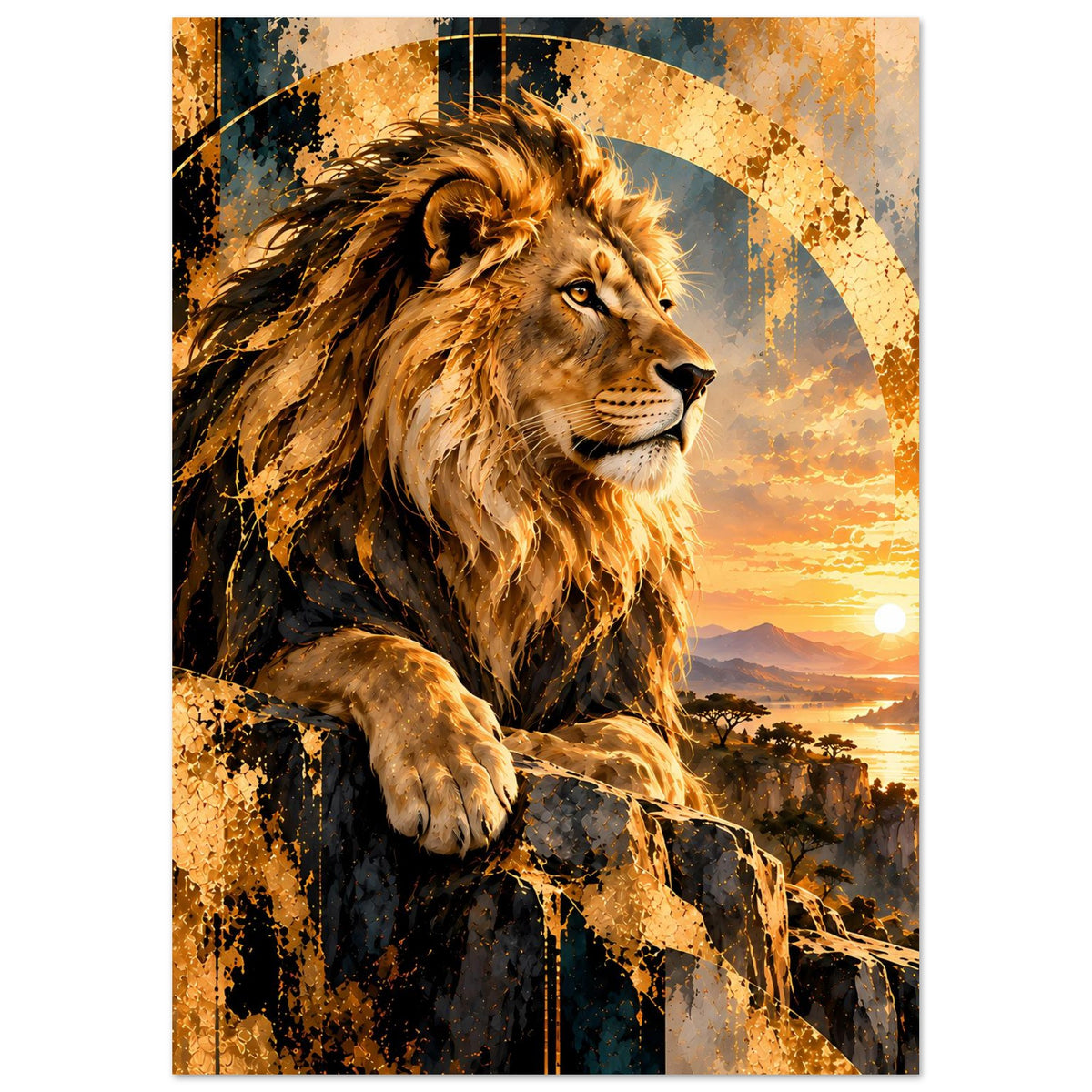 Vertikales Löwen-Sonnenuntergangs-Poster: Löwe mit goldener Mähne vor orangefarbenem Himmel