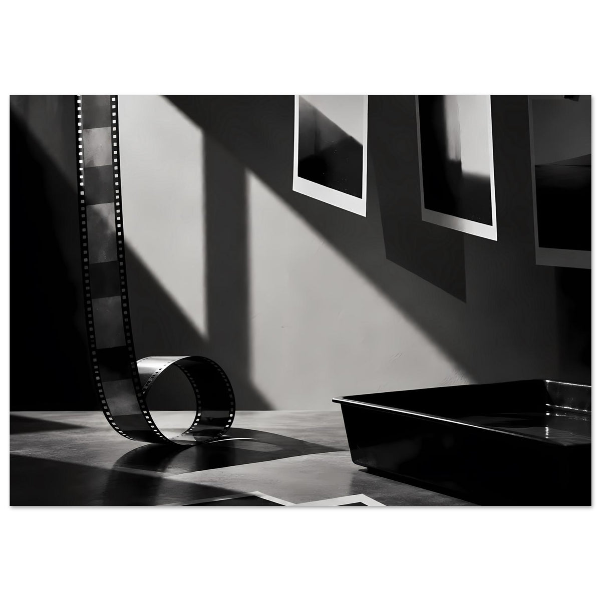Poster „Analoge Dunkelkammer“ Schwarz-Weiß: Filmstreifen, Schale und markiertes Kreuz unten