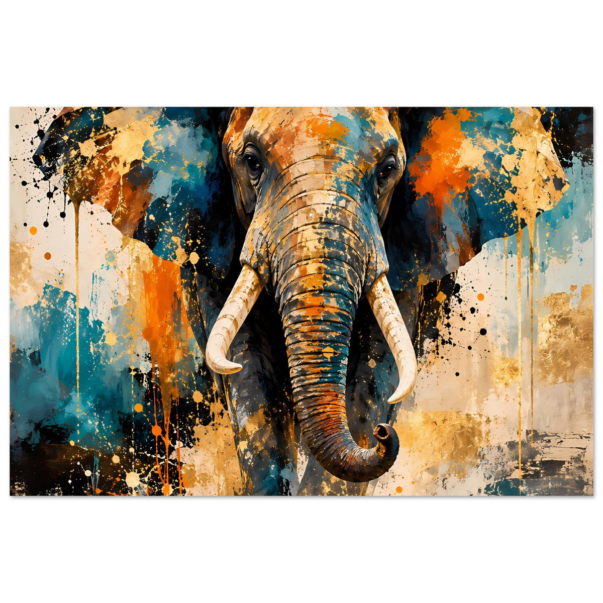 Abstraktes Elefantenposter, horizontal: zentrierter Elefant mit bunten Farbspritzern und Sprenkel-Look