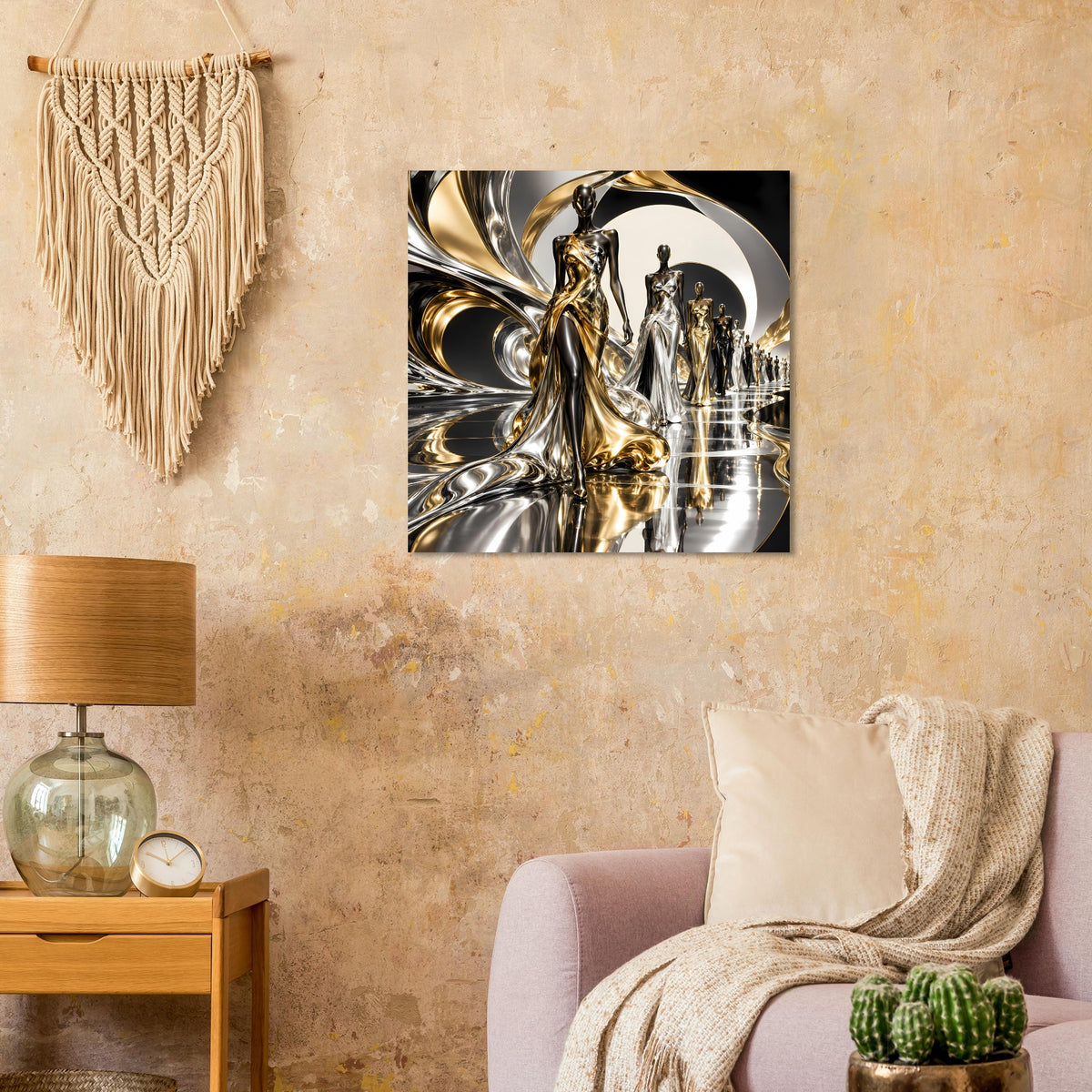 Poster mit gold-silberner abstrakter Metallskulptur in rundem Ornament, Wandmitte