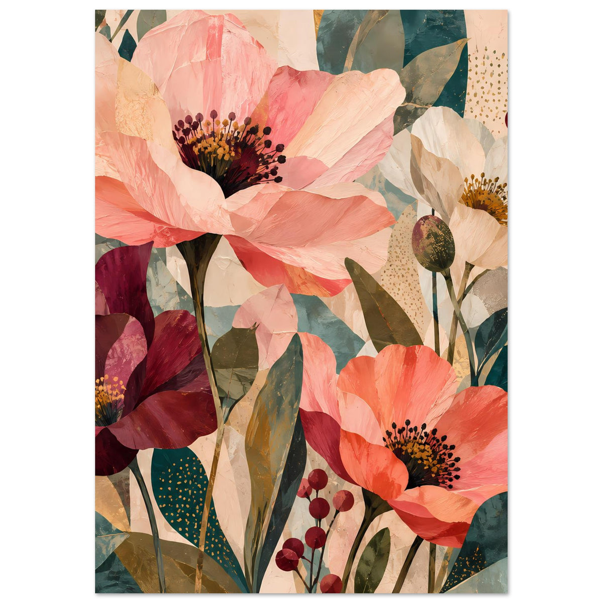 Blumen-Artposter, Nahansicht mit großen Korallen- und Burgunderblüten, Grün und Creme