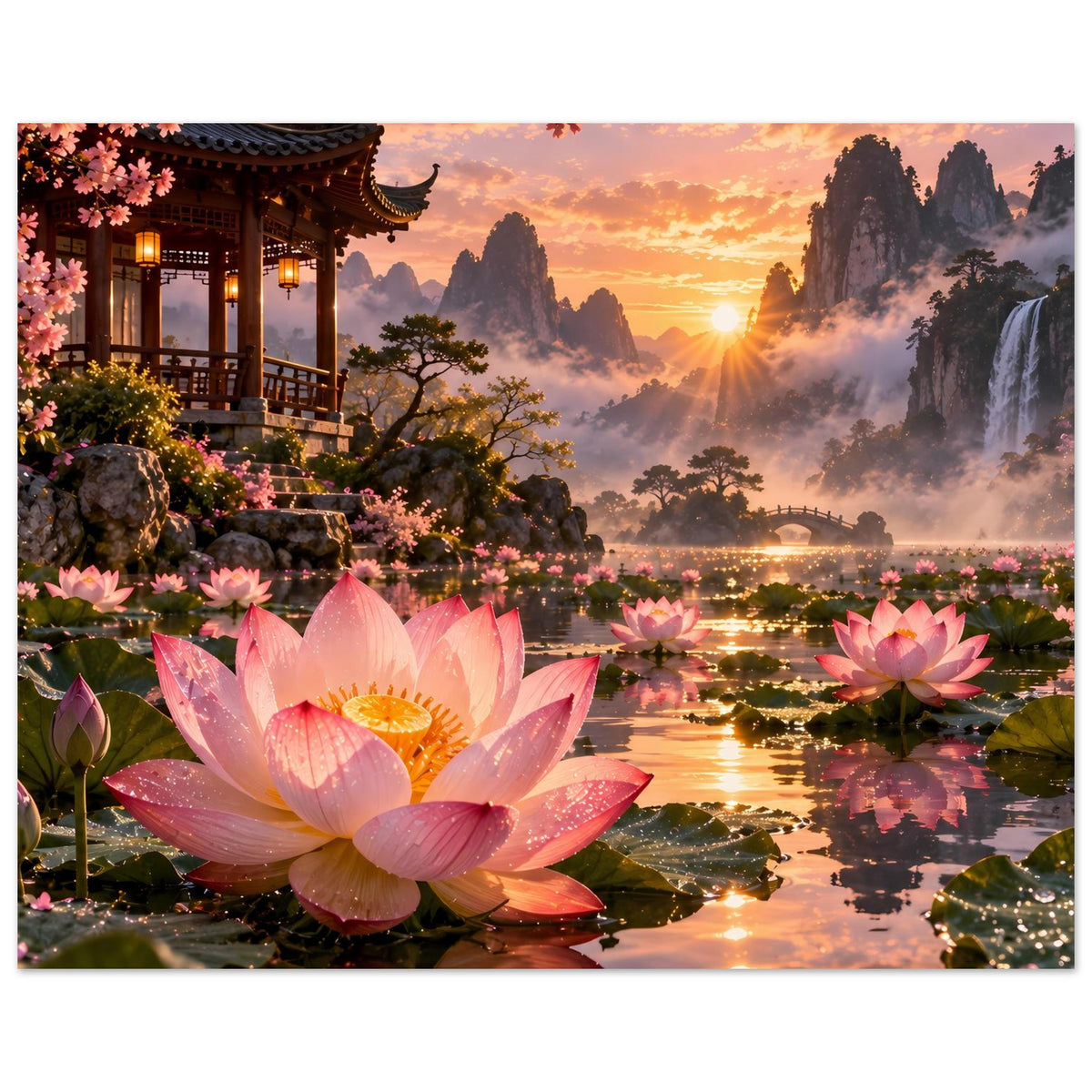 Breites Poster mit großen rosa Lotusblüten, Tempel am Hang, Wasserweg und Sonnenaufgang