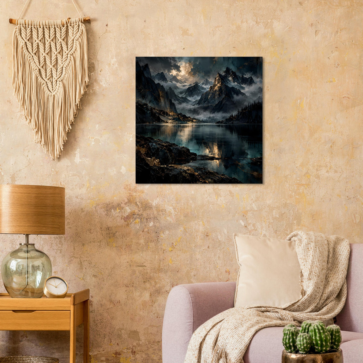 Quadratisches Wandposter mit Bergsee bei Dämmerung, Felsufer und Wolkenhimmel