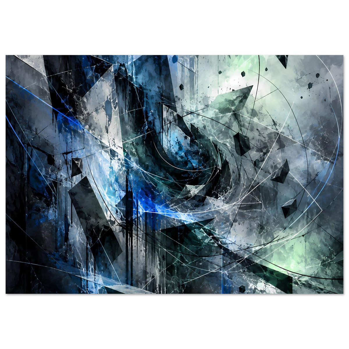 Abstraktes Kunstposter im Querformat: Blaue Farbverläufe, grünliches Element und Drahtlinien
