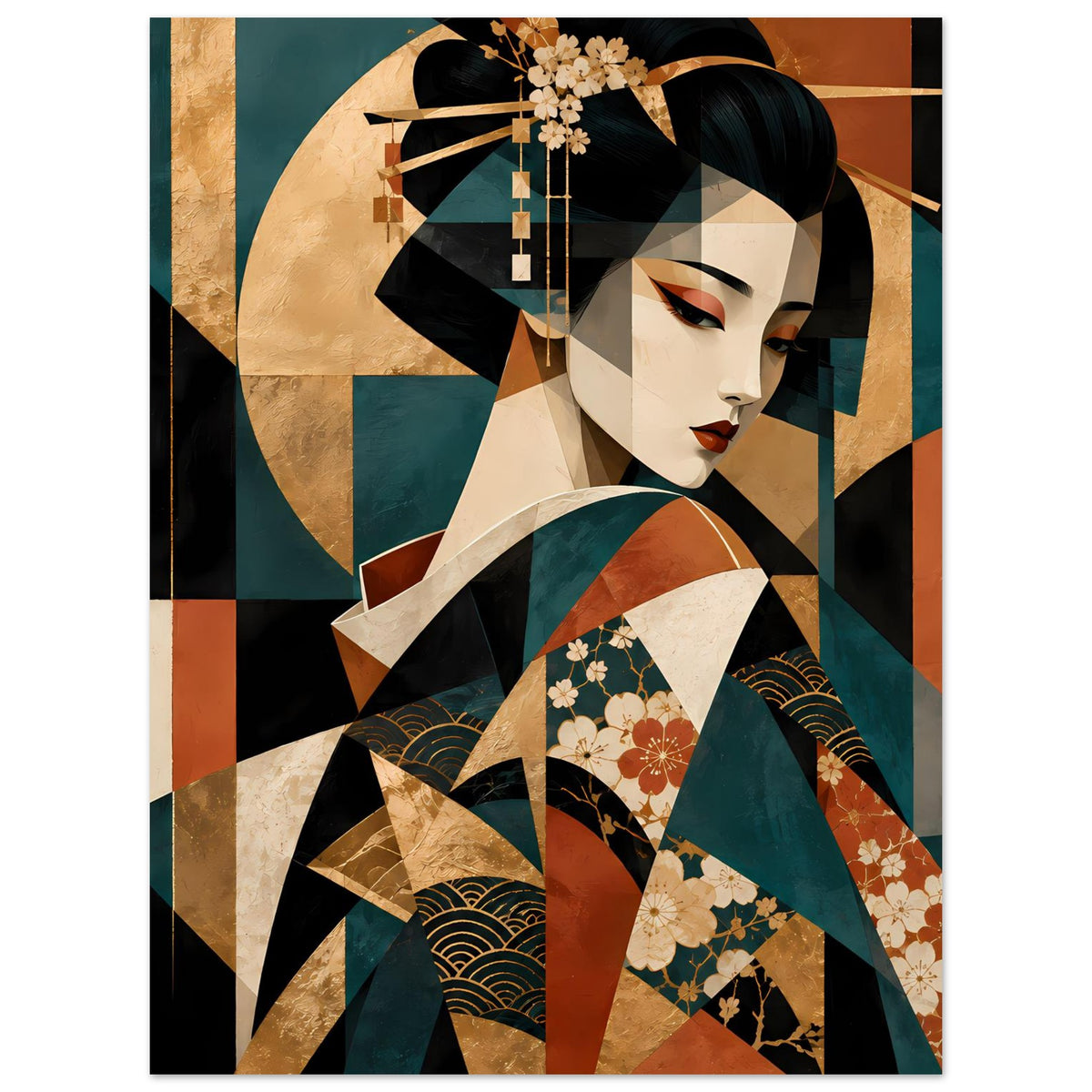 Kunstposter mit Geisha-Illustration, Schwarzhaar und Blumen, Gold-, Türkis- und Rotnuancen