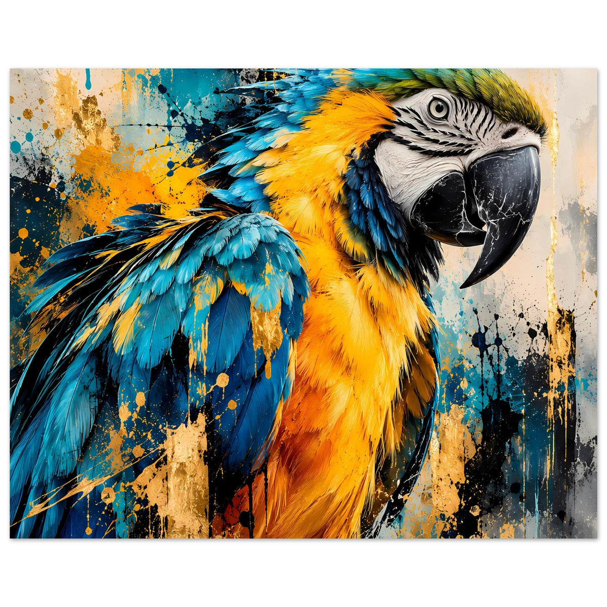 Parrot-Kunstposter im Querformat: bunter Papagei mit Kopf im Blick, farbige Federn