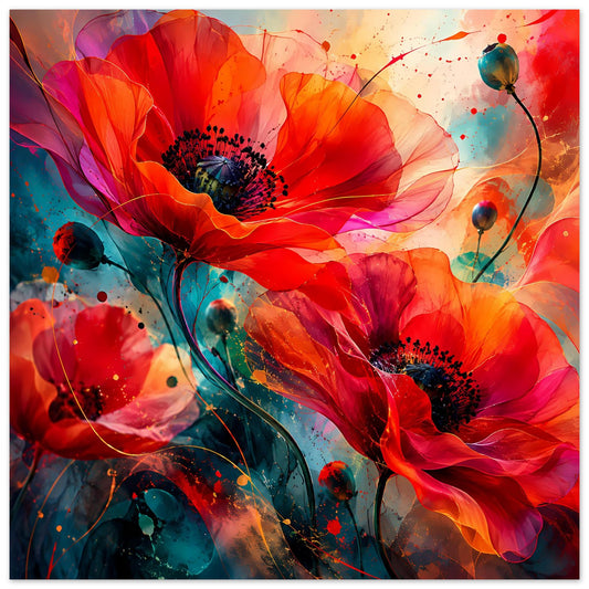 Abstraktes Blumen-Kunstposter mit roten, orangefarbenen Blüten und türkisfarbenen Spritzern, quadratisch