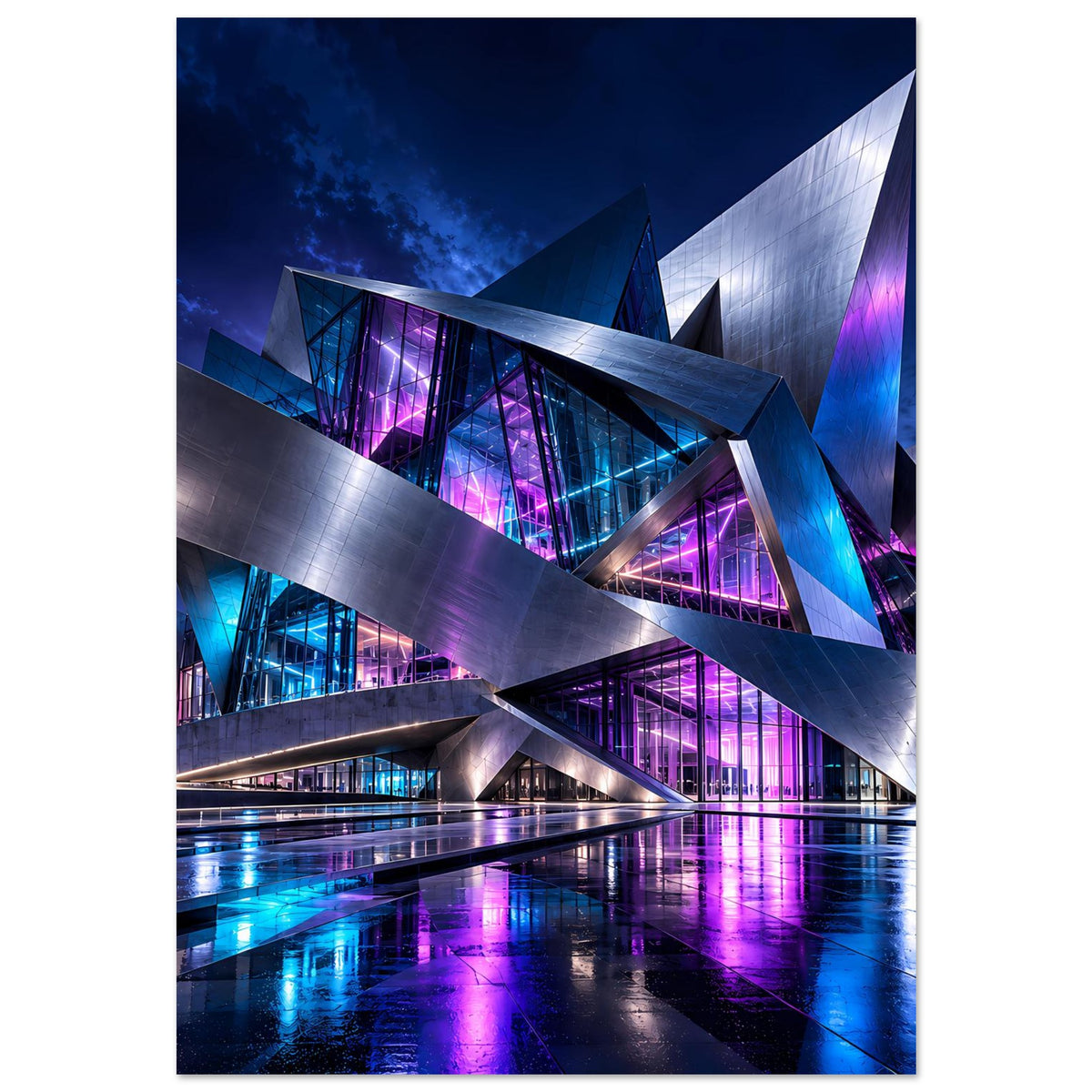 Architekturposter im Hochformat mit diagonalen Stahlträgern und violetten Neonfenstern
