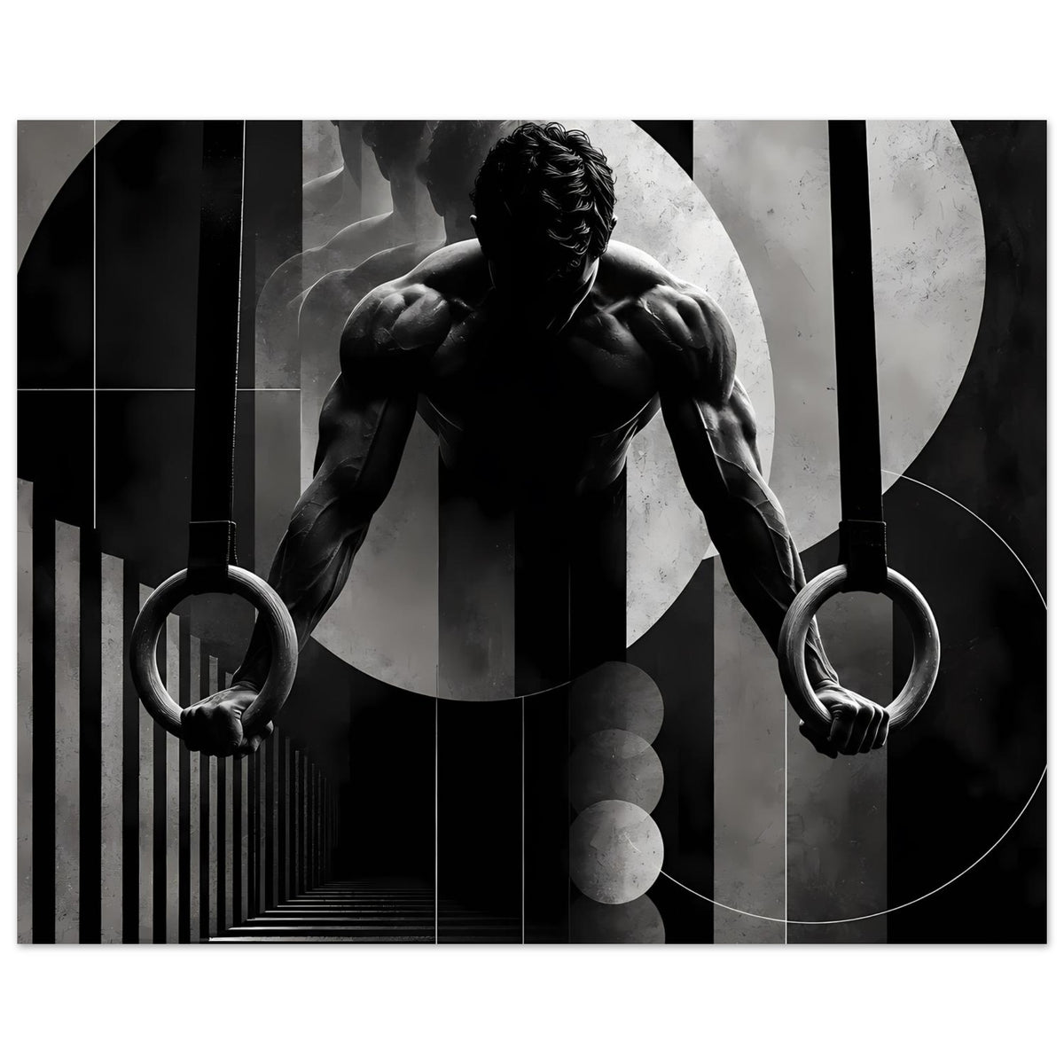 Schwarzweißes Gymnastik-Poster mit Athletenfigur und Turnringen, seitliche Perspektive