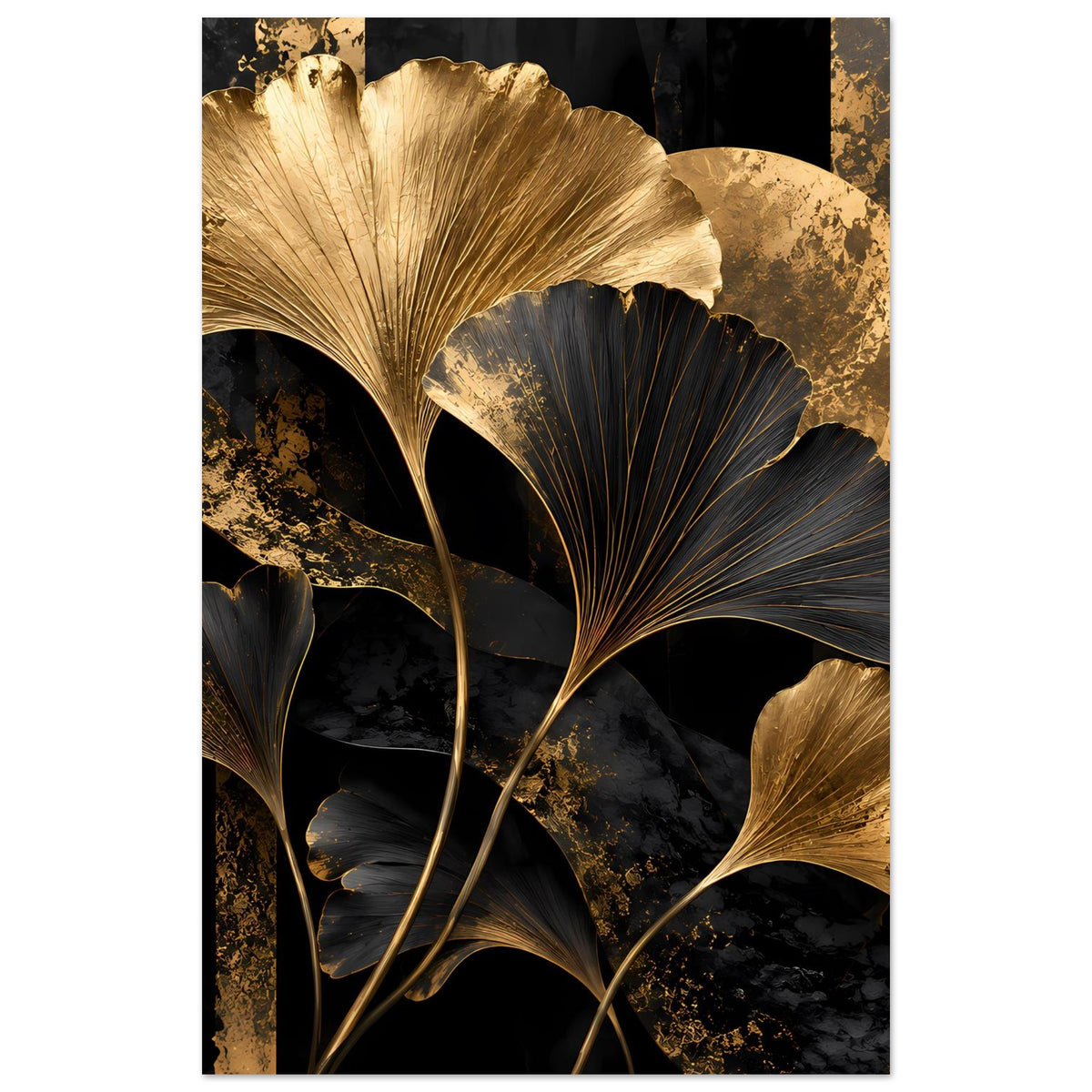 Botanisches Poster, vertikal: goldene und dunkelblaue Ginkgo-Blätter mit dunklem Muster