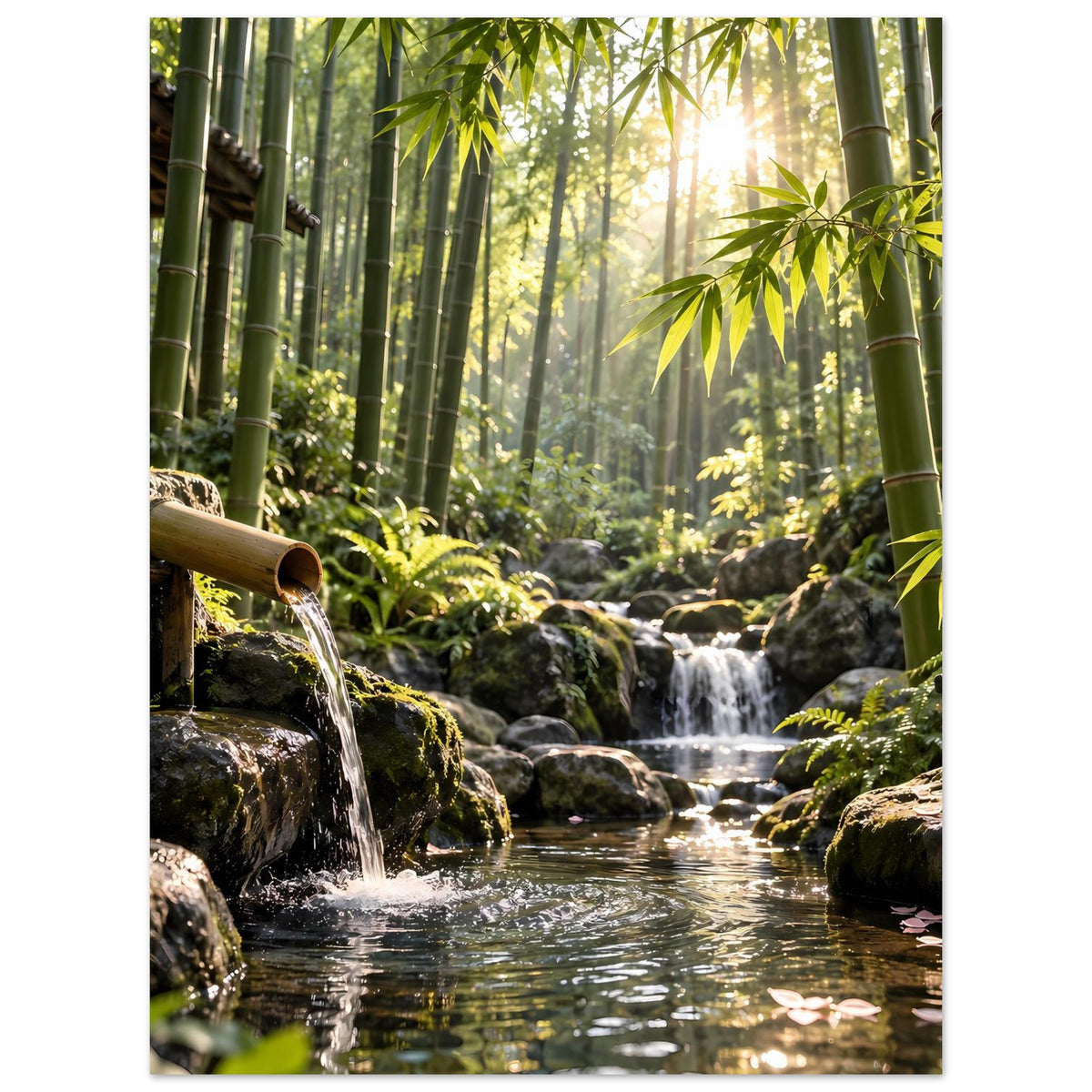 Wandposter: Bambuswald mit Wasserfall über moosigen Felsen und fließendem Bach